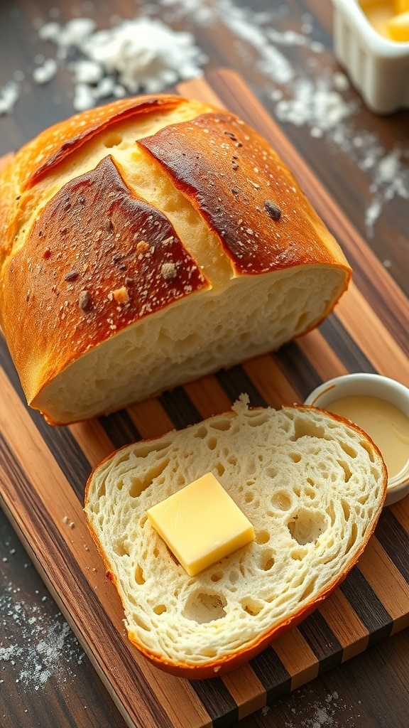 No-Knead Dutch Oven Bread with Active Yeast A golden-brown loaf of Dutch oven bread sliced on a cutting board with butter.